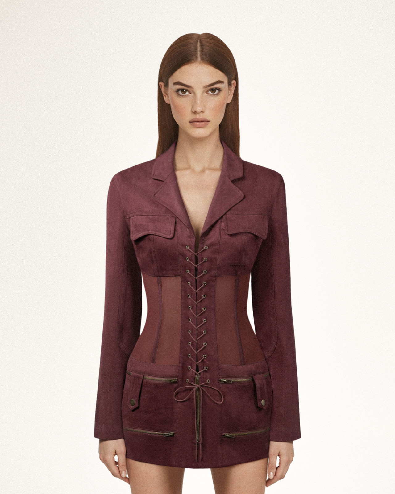 Faux Suede Corset Jacket Mini Dress - Claret