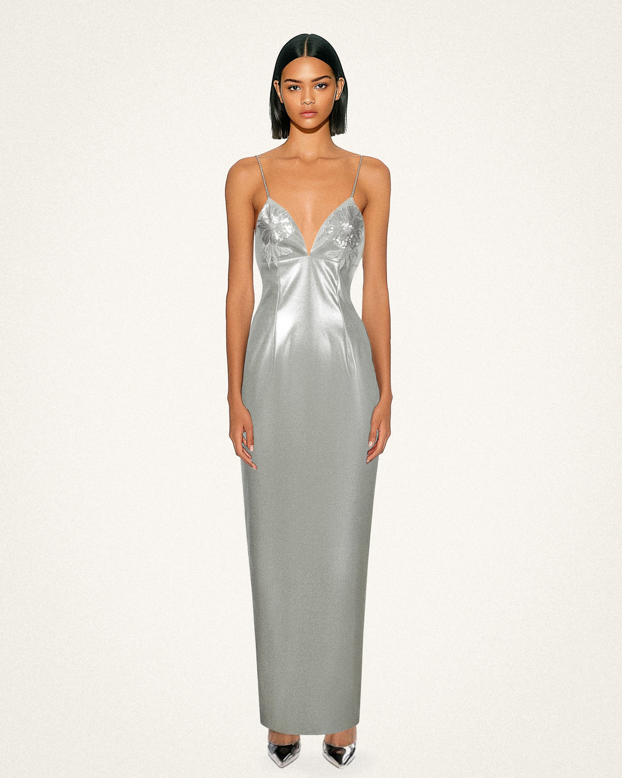 Ayliua Sweetheart-Neckline Rhinestones Embellished Silver Long Dress - Silver