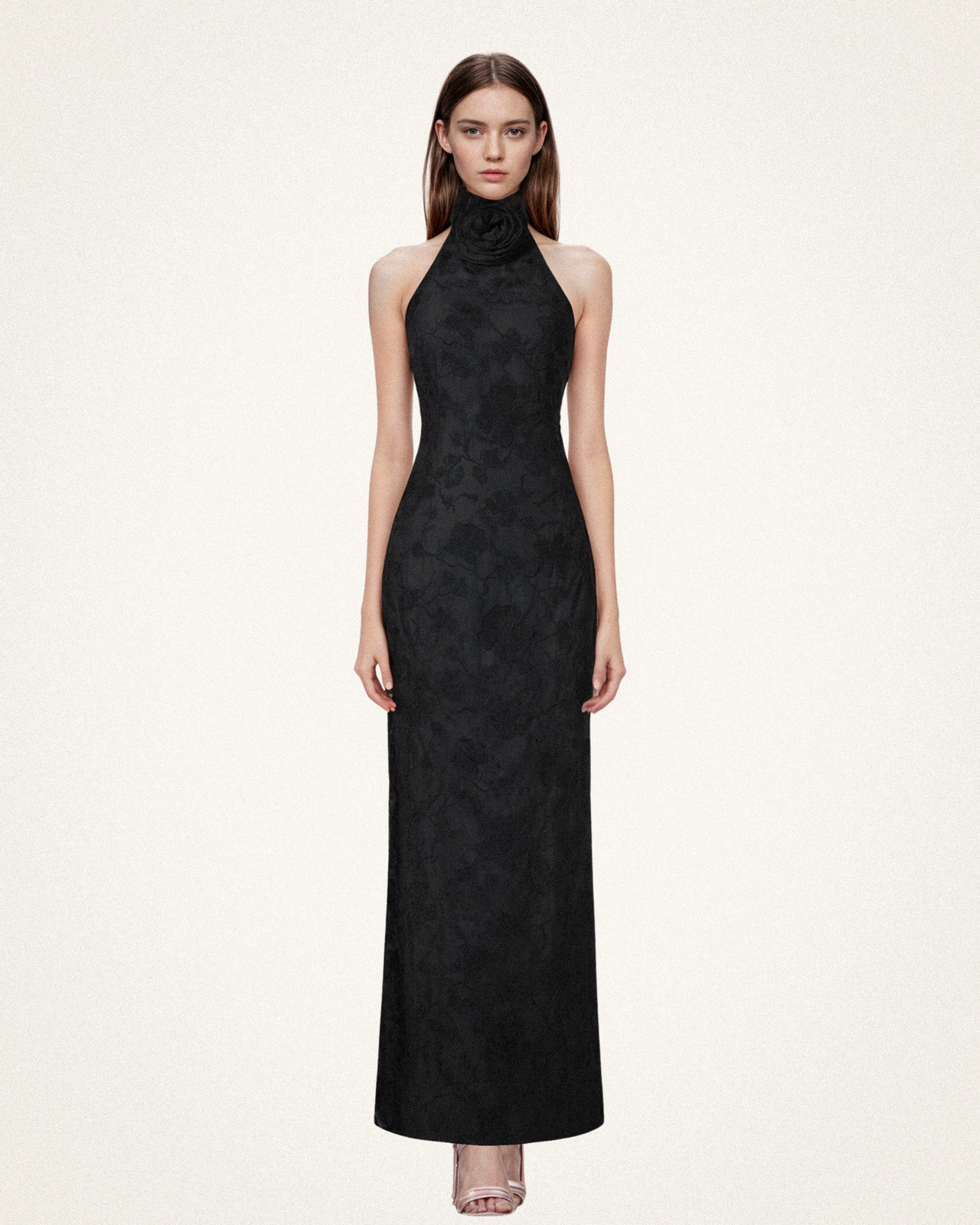 Uliana Black Floral Lace Halterneck Maxi Dress - Black