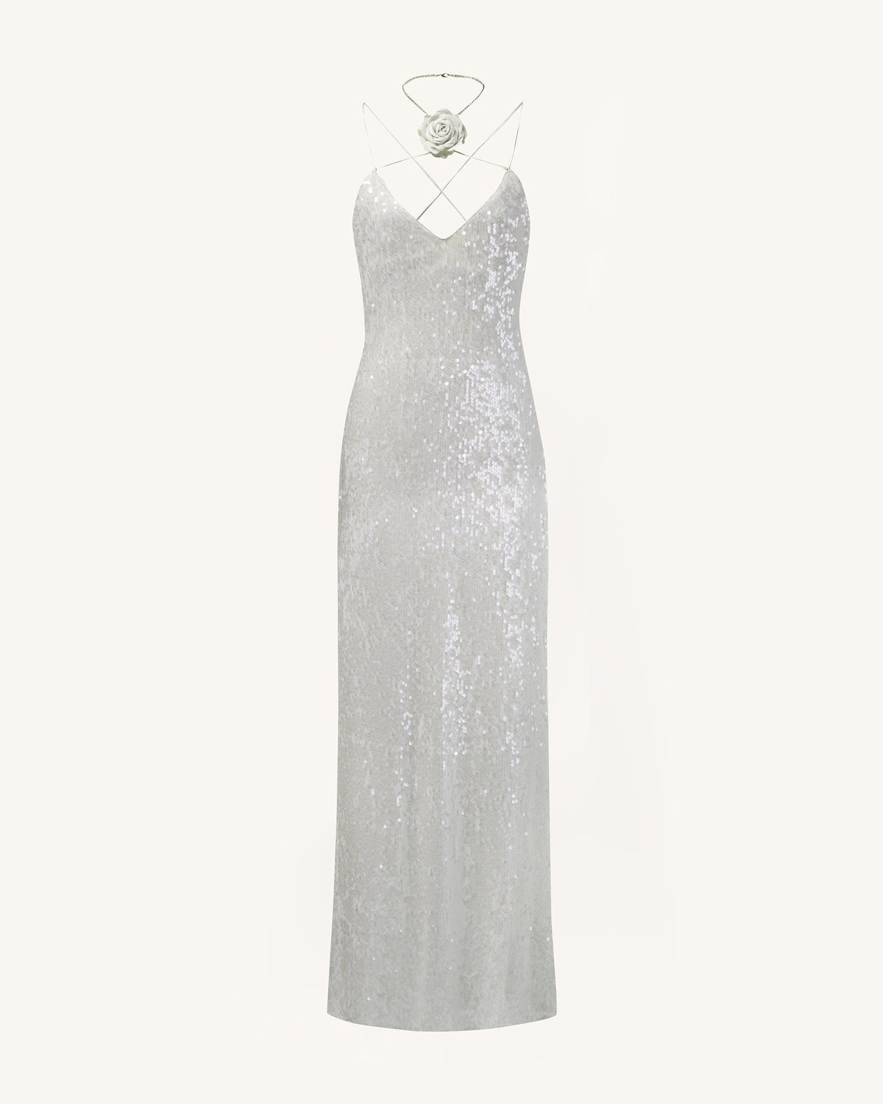 Heisey White Sequinned Rosette Maxi Dress - White