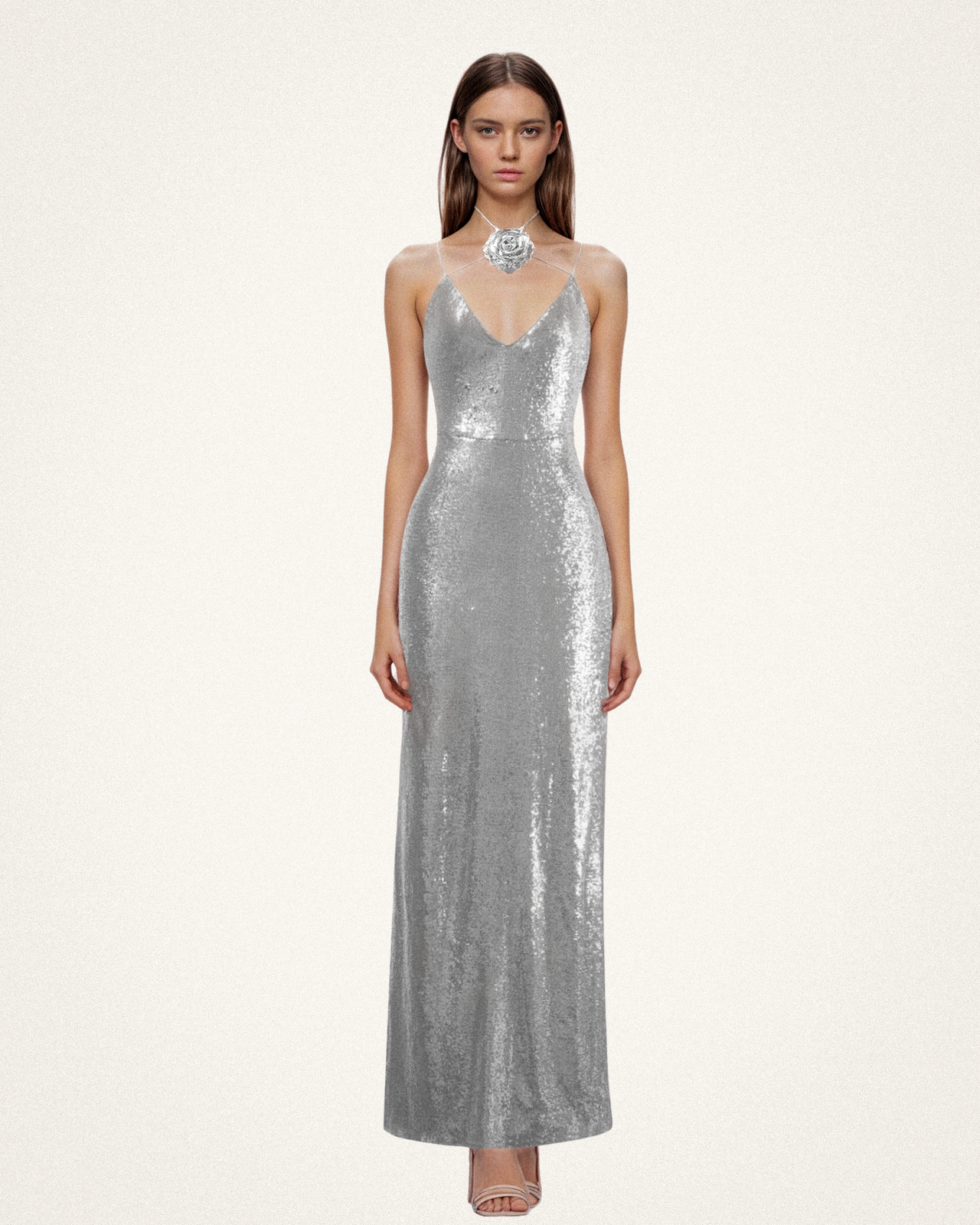 Heisey Silver Sequinned Rosette Maxi Dress-Silver