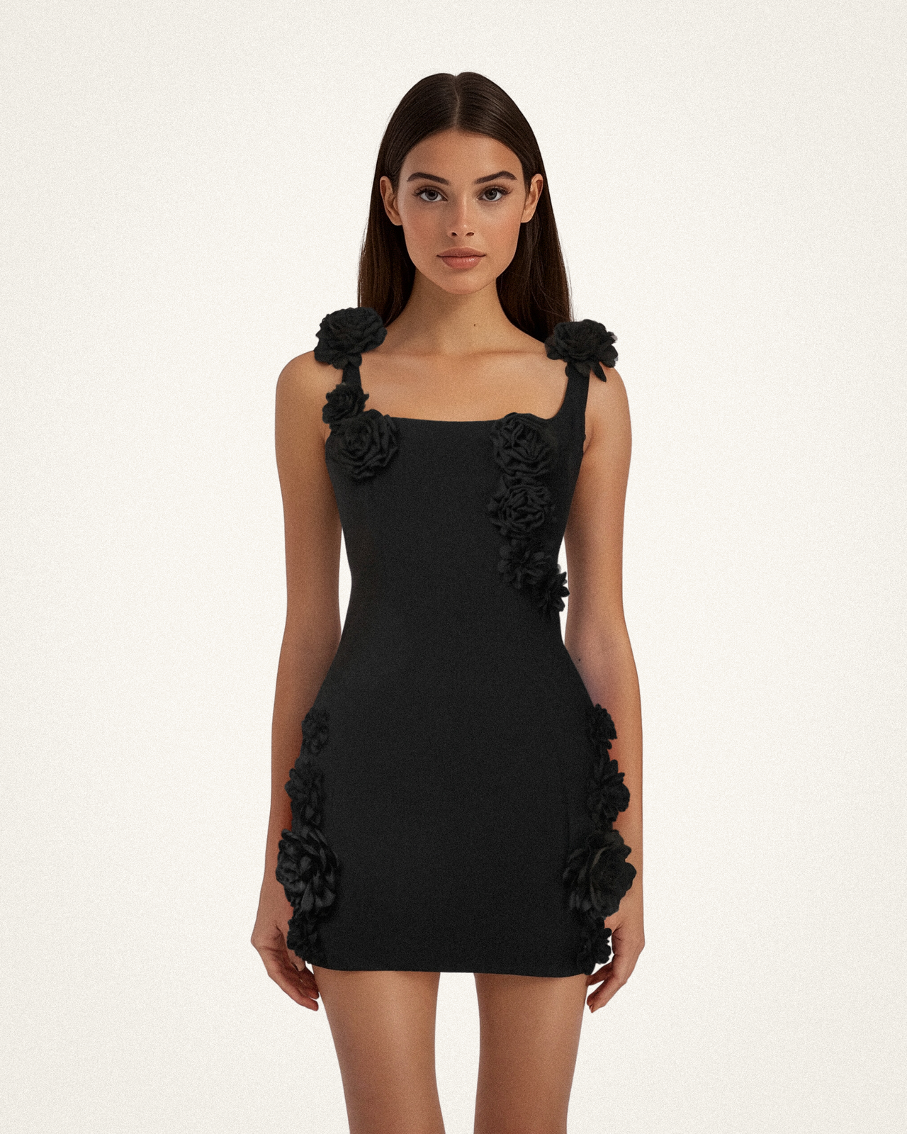 Elaina Black Rosette Applique Mini Dress - Black