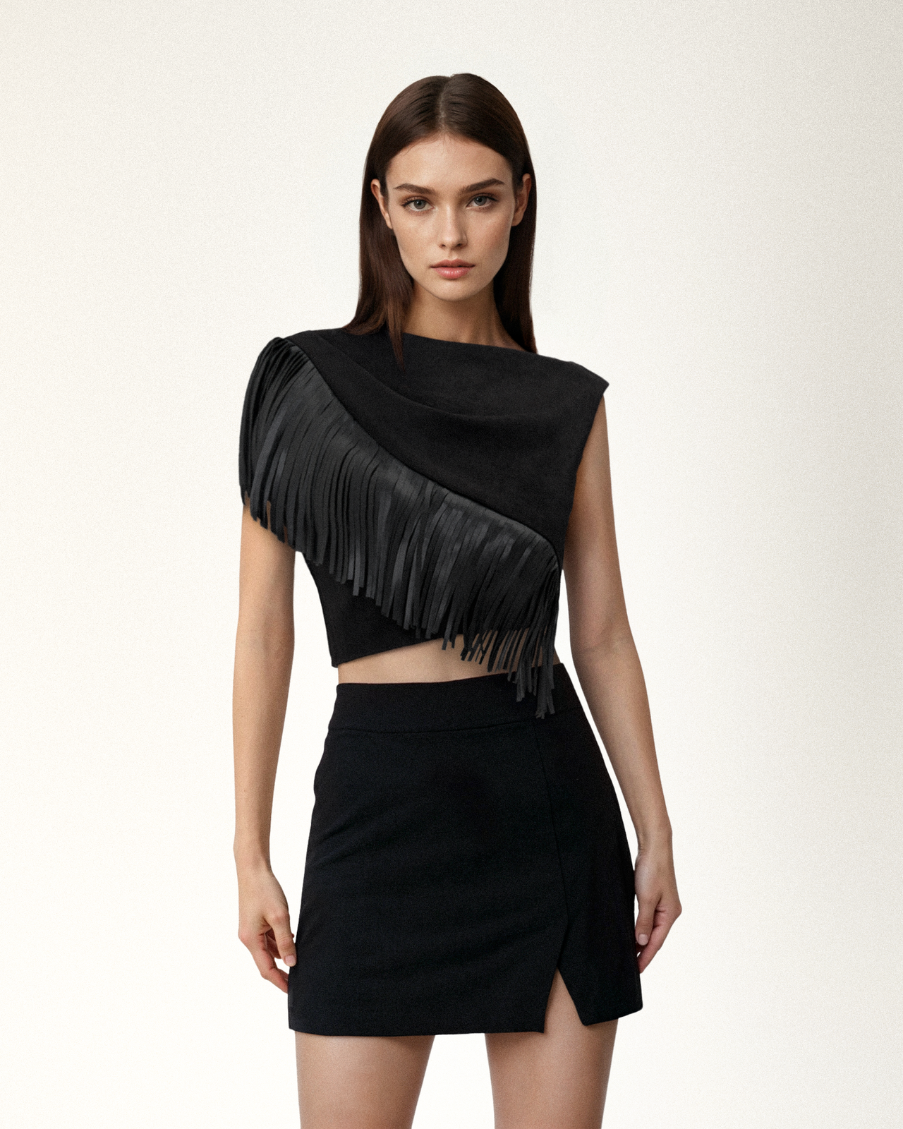 Ariana Asymmetric Fringe Sueded Top - Black